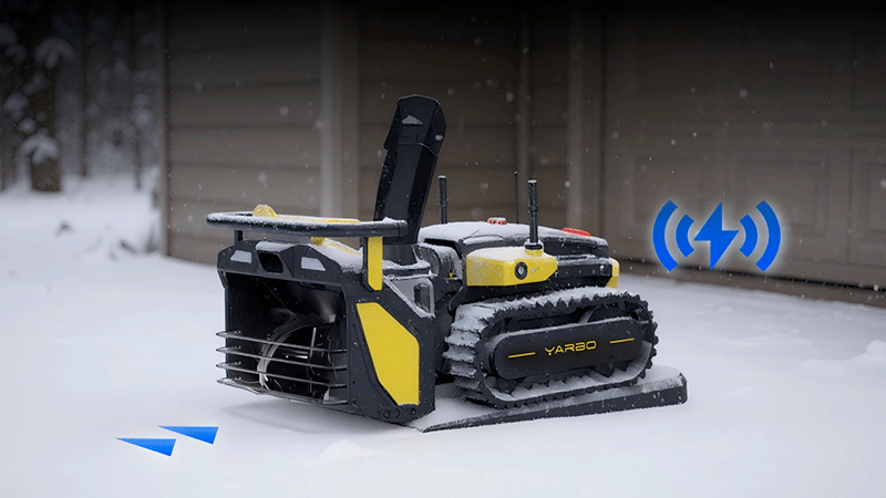 Робот-снегоуборщик Yarbo Snow Blower расчищает снег на гусеничном ходу возле дома, показана работа датчиков и навигаци